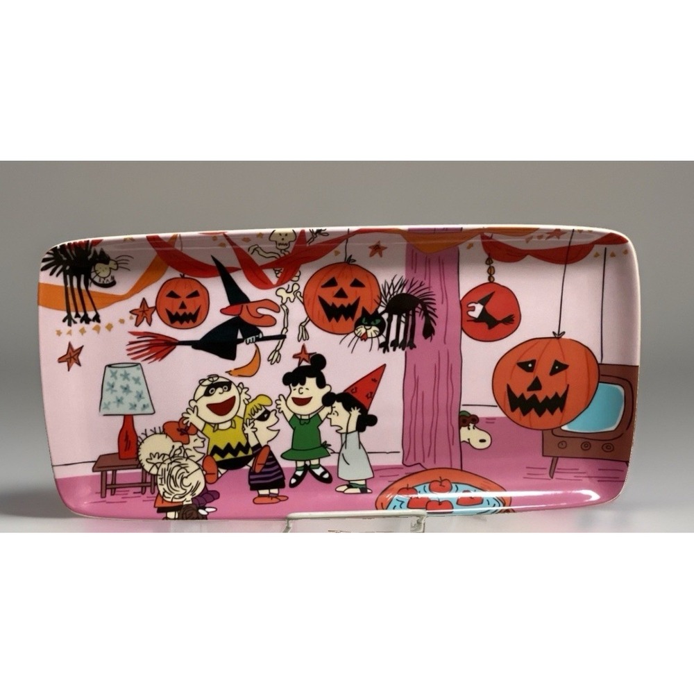 Peanuts Snoopy & Gang Halloween Party Pink Ceramic Serving Platter Tray NEW